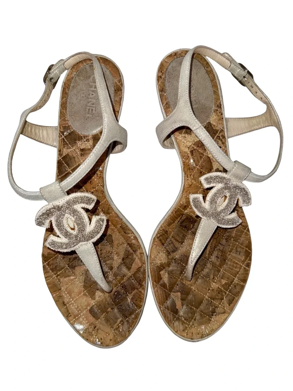CHANEL GLITTER-EMBOSSED T-STRAP SANDALS